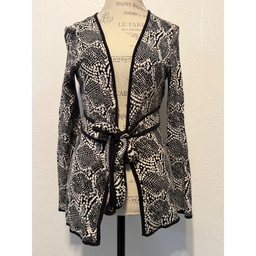Dana Buchman Snakeskin Print Cotton Tie Waist Cardigan Sweater Black White Small